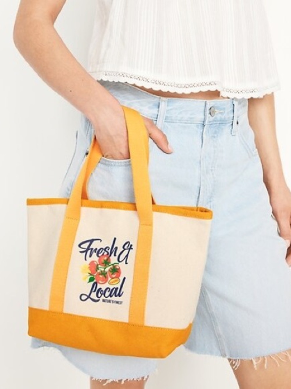 Old Navy Cream Canvas Tote with Yellow Trim and Fruit Print
